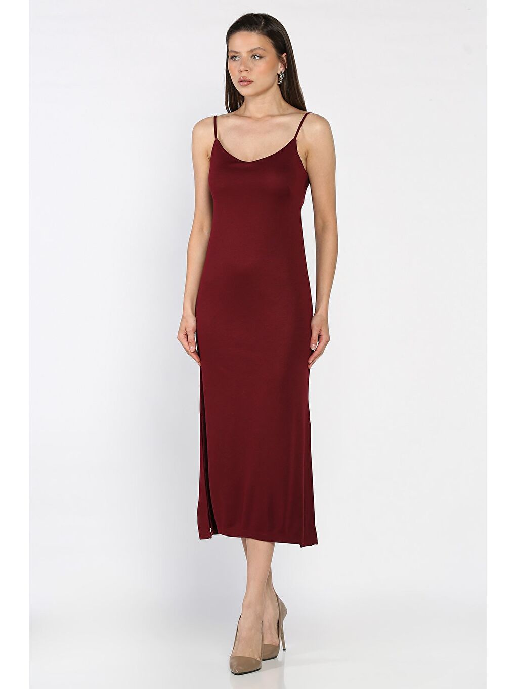 Bordo Kadın İp Askılı Yırtmaç Detaylı Elbise-1