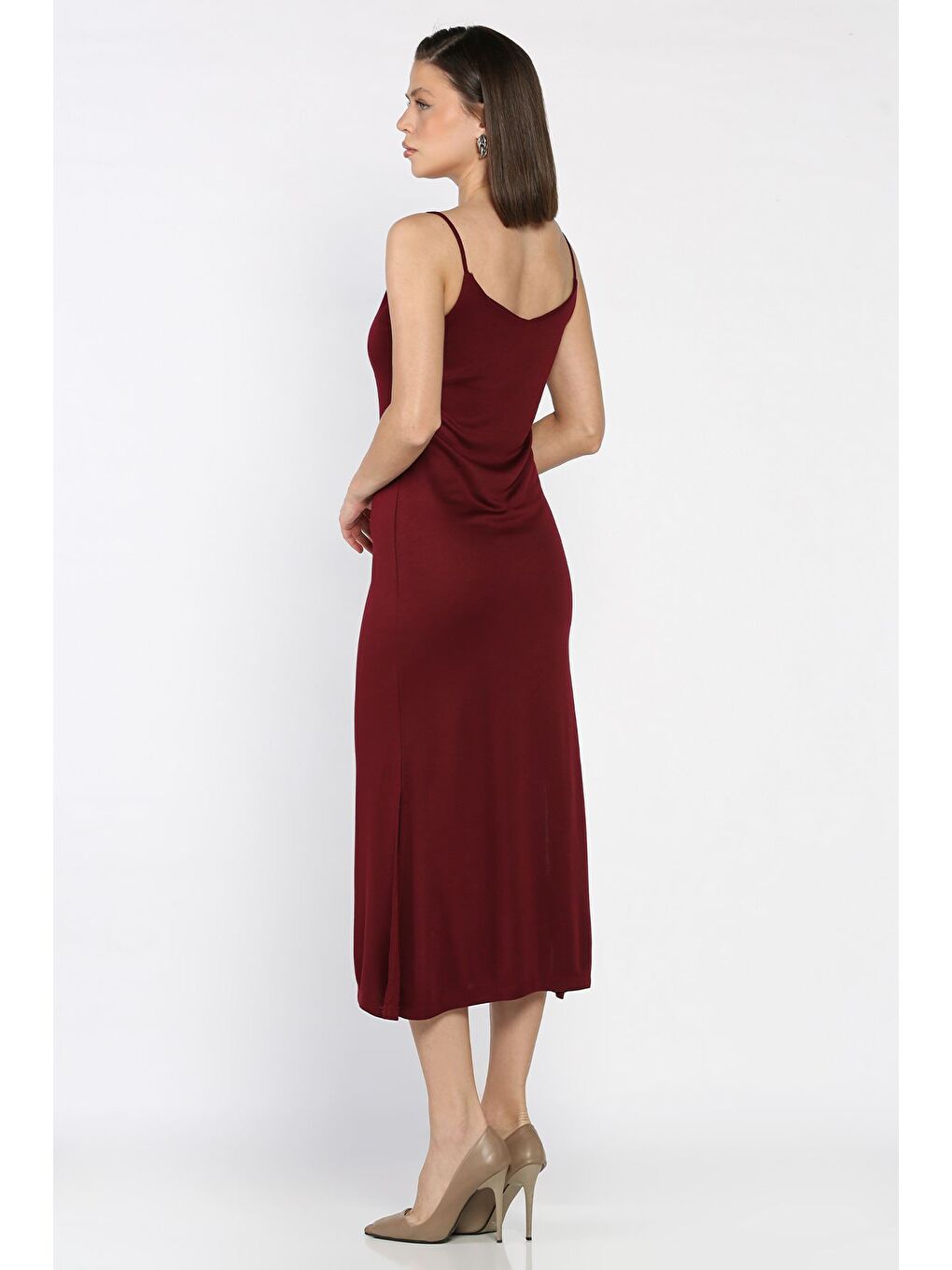 Bordo Kadın İp Askılı Yırtmaç Detaylı Elbise-2