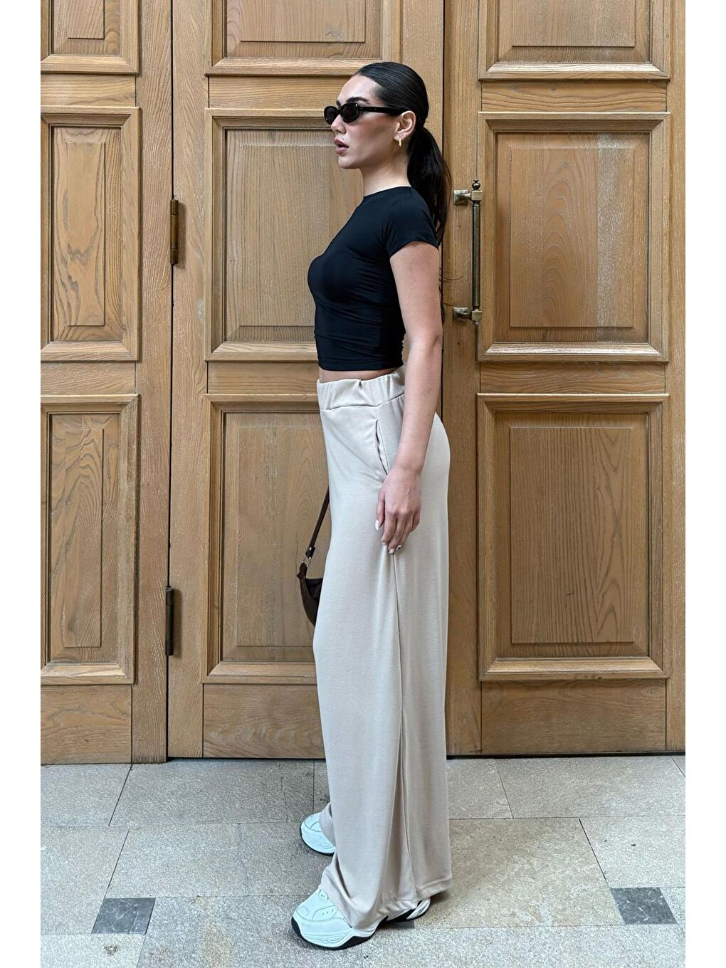 Bej Yüksek Bel Rahat Kesim Geniş Paça Kadın Pantolon Mg2309-3