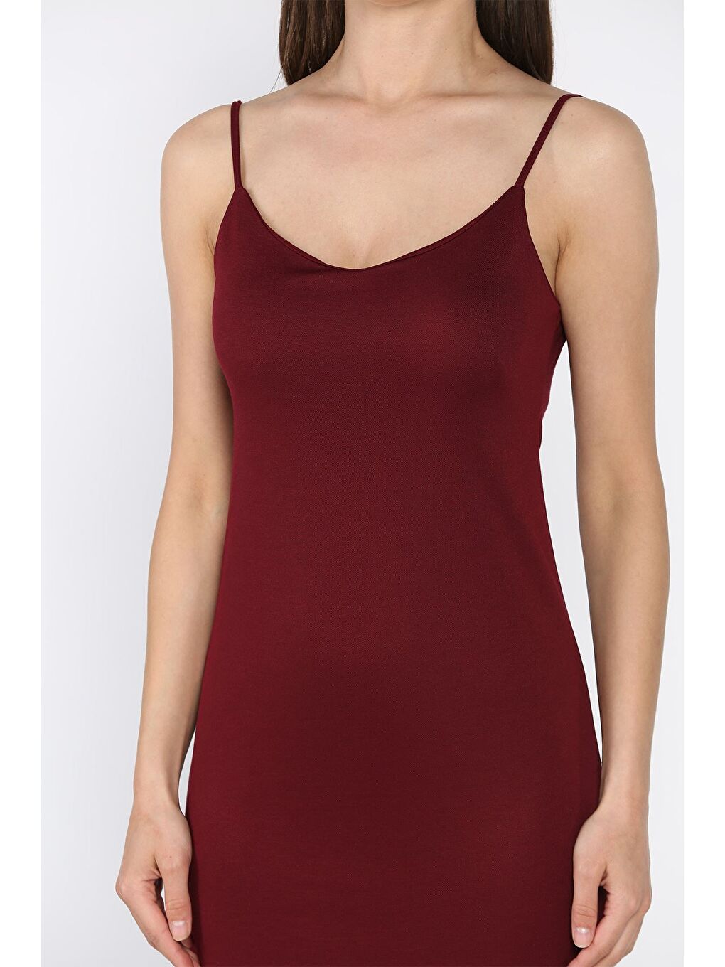 Bordo Kadın İp Askılı Yırtmaç Detaylı Elbise-3