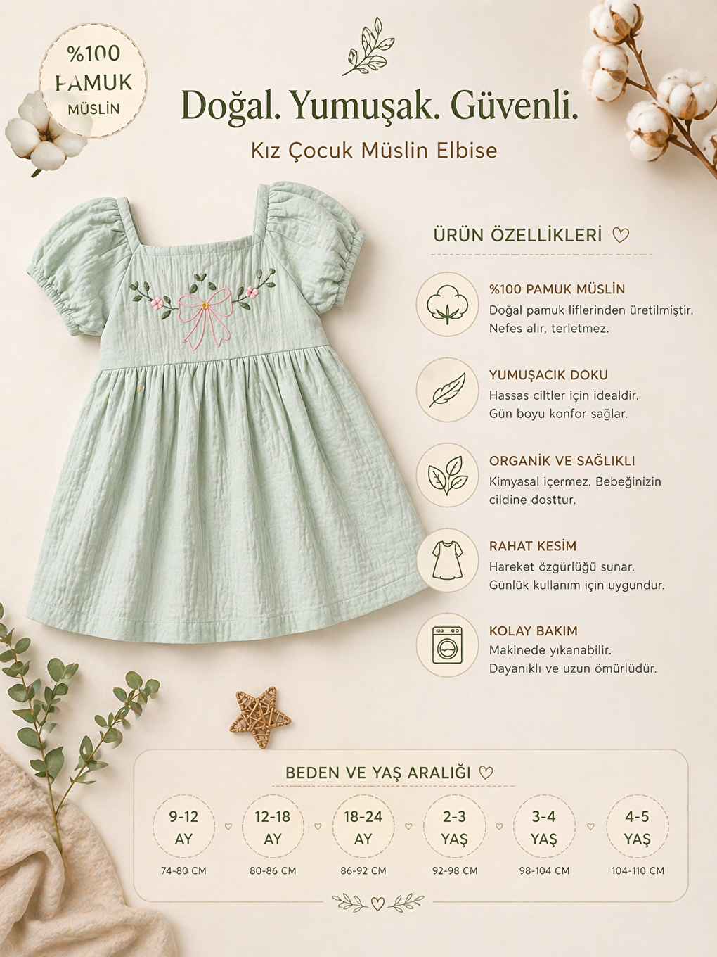 Yeşil Kız Bebek Muslin Kumaş Elbise %100 Pamuklu-2