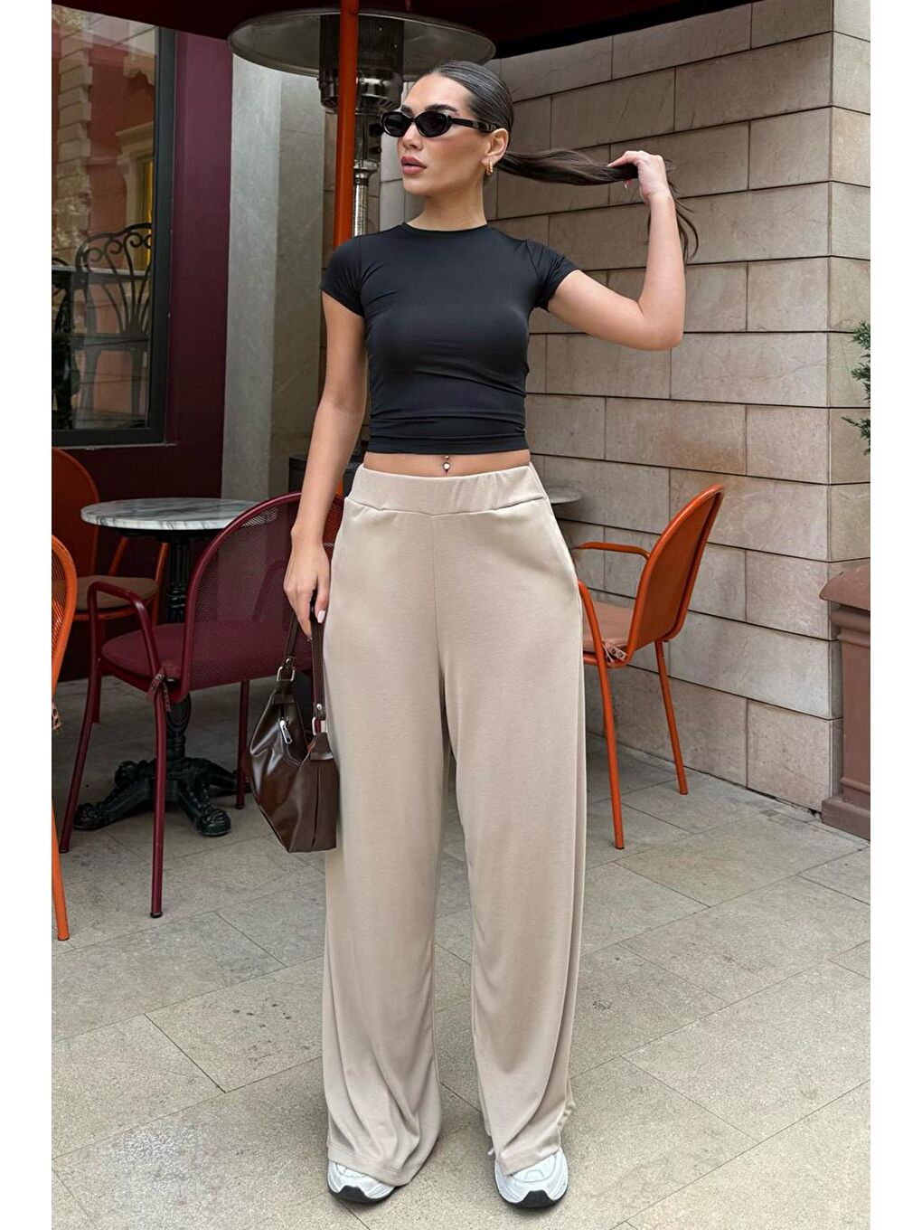 Bej Yüksek Bel Rahat Kesim Geniş Paça Kadın Pantolon Mg2309-4