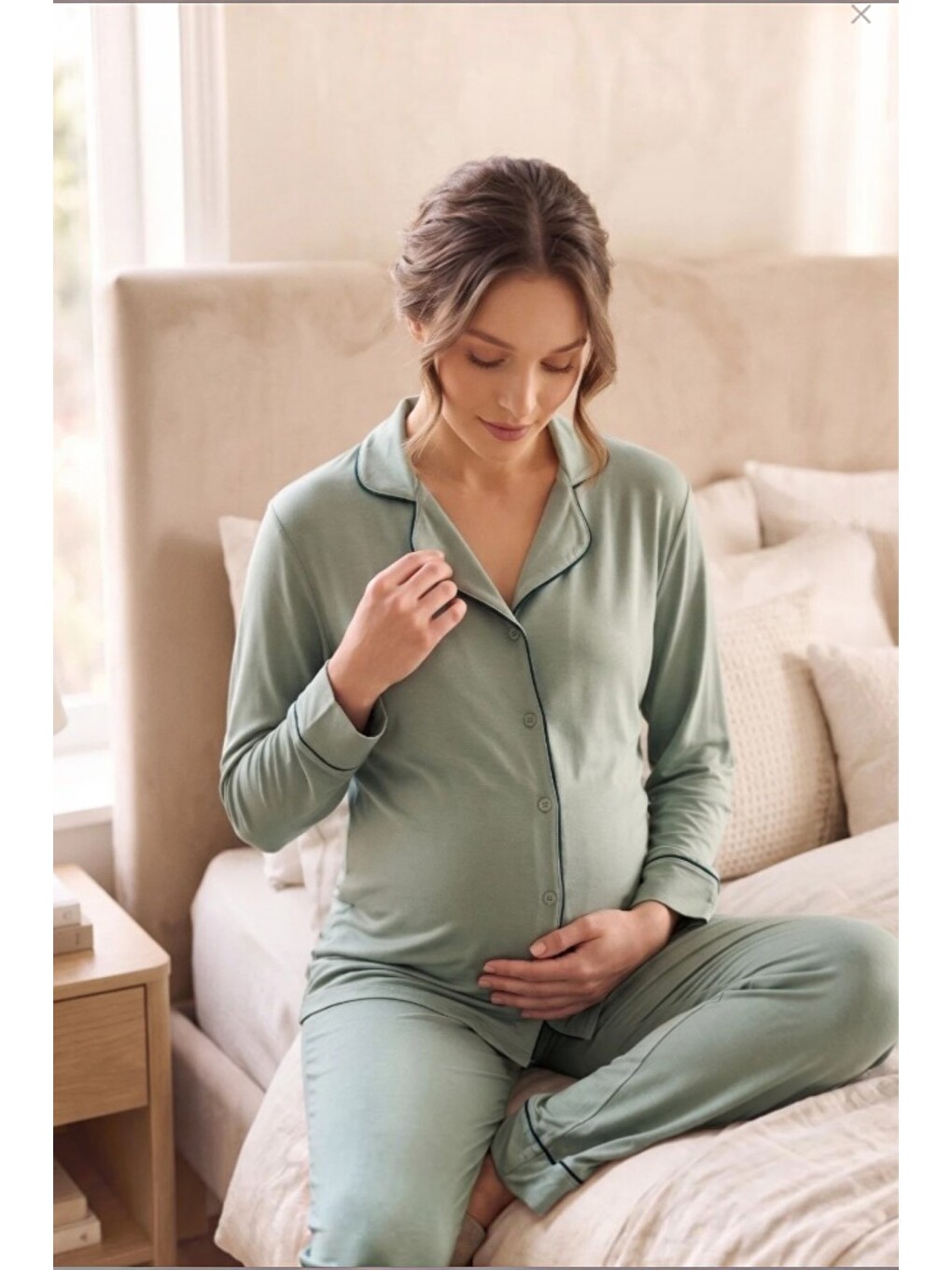 Yeşil Gömlek Yaka Önden Düğmeli Uzun Kol Rahat Form Hamile Ve Lohusa Pijama Takımı-4