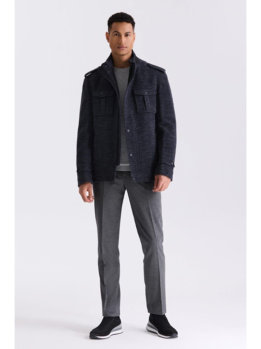 Koyu Lacivert Slim Fit Hakim Yaka Apoletli Desenli Spor Kaşe Kaban-1