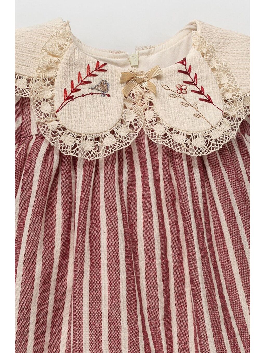 Ekru El Nakışlı Ve Kuş Figürlü Fisto Yakalı Çizgili Kız Bebek Elbise Ve Saç Bandı Seti-1