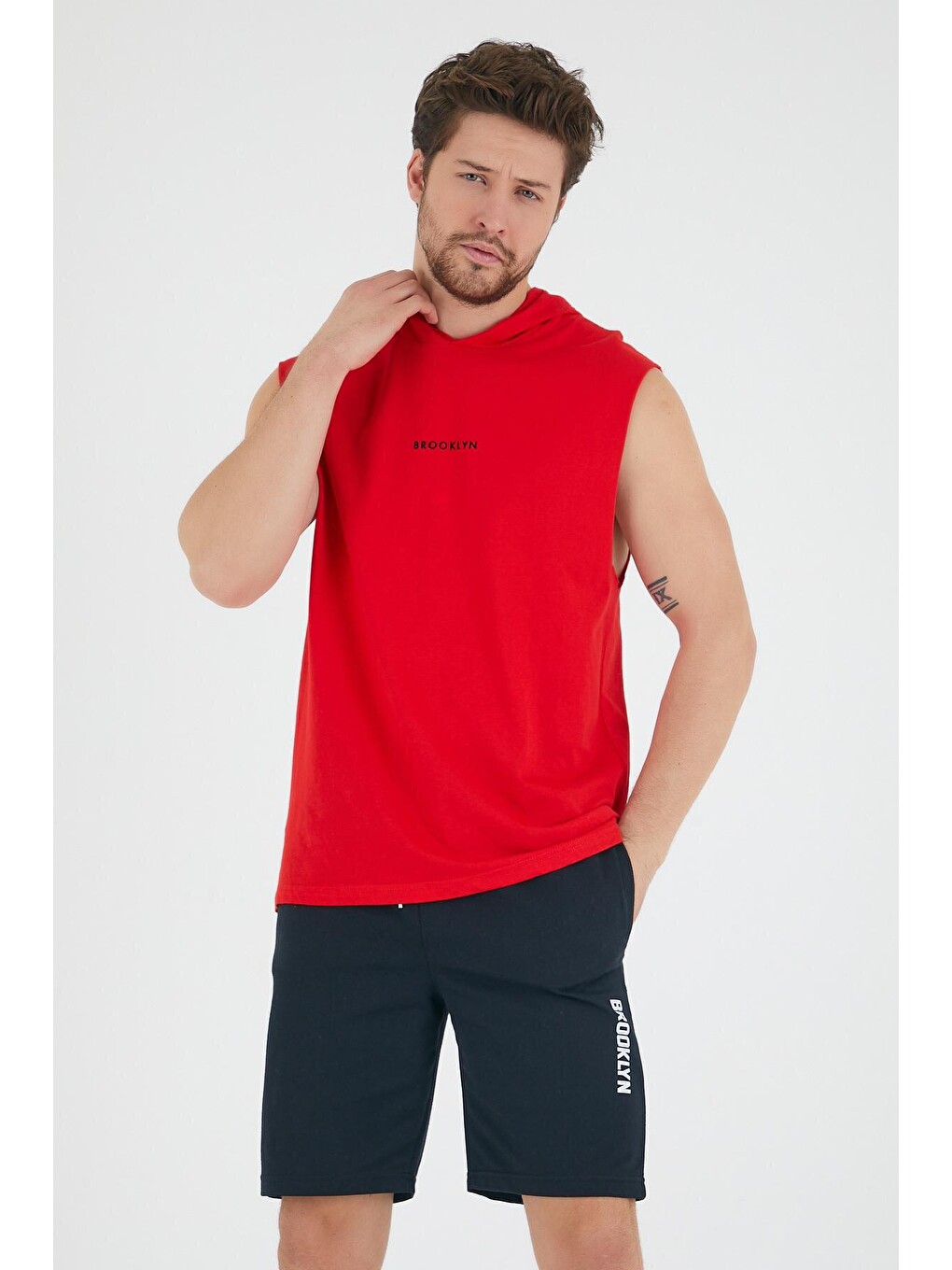 Kırmızı Erkek Kapüşonlu Regular Fit Brooklyn Baskılı Kolsuz Tişört Spr22ts121-1