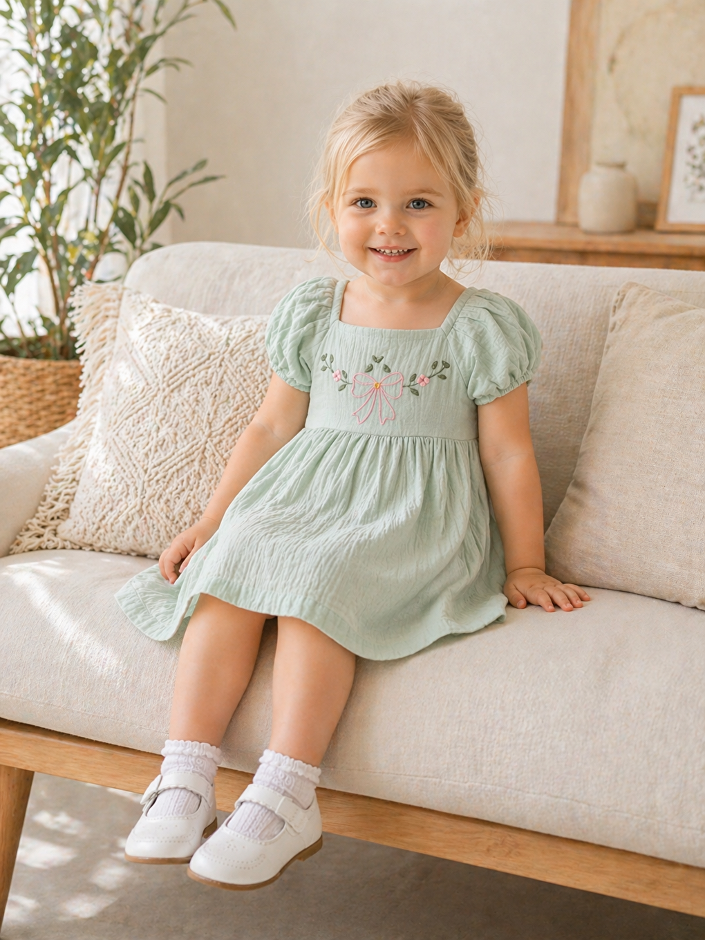 Yeşil Kız Bebek Muslin Kumaş Elbise %100 Pamuklu-3