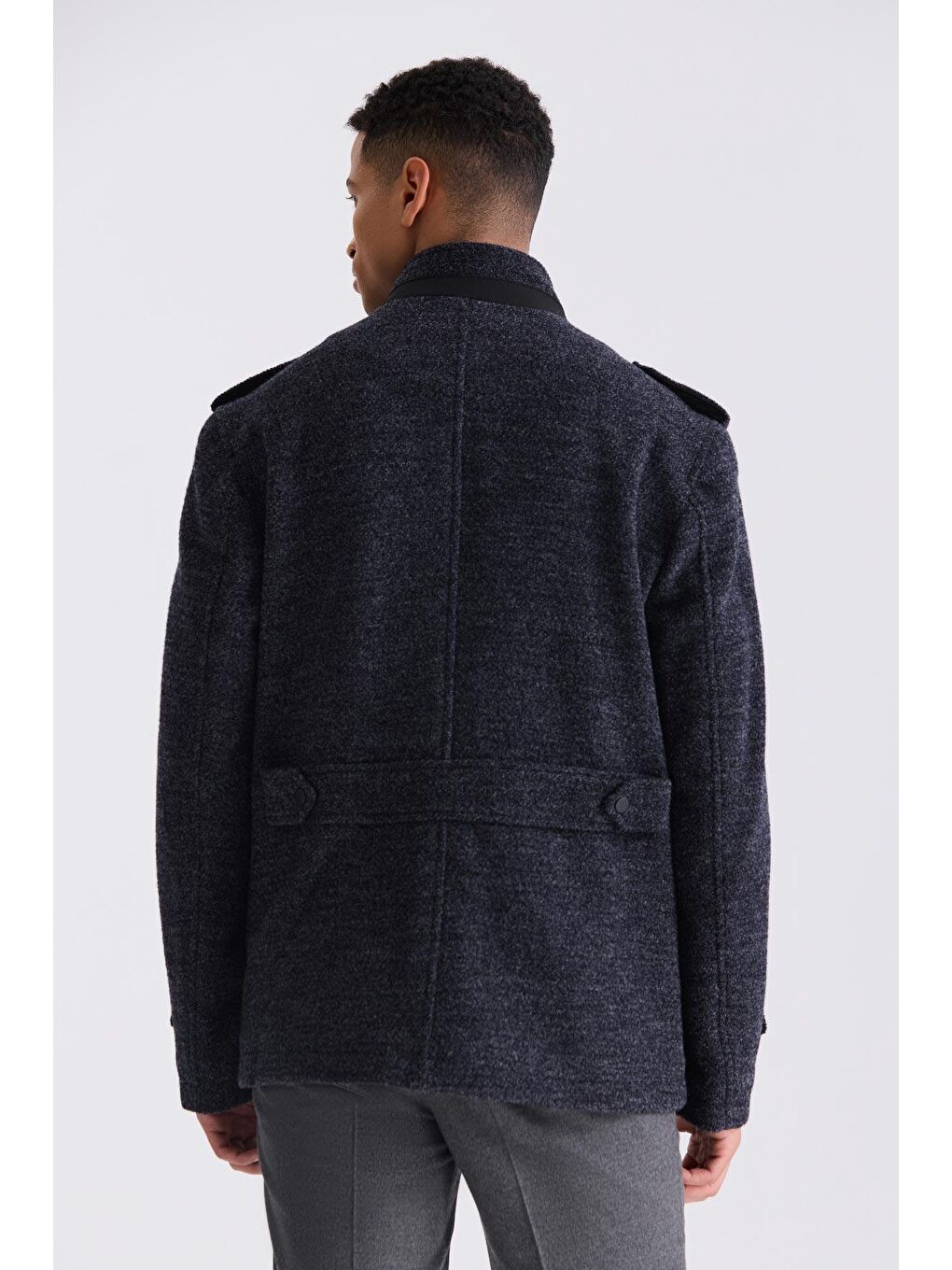 Koyu Lacivert Slim Fit Hakim Yaka Apoletli Desenli Spor Kaşe Kaban-3