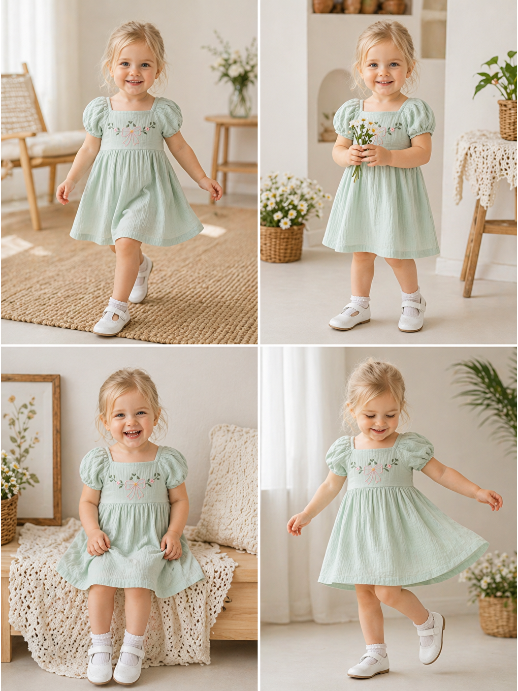 Yeşil Kız Bebek Muslin Kumaş Elbise %100 Pamuklu-4