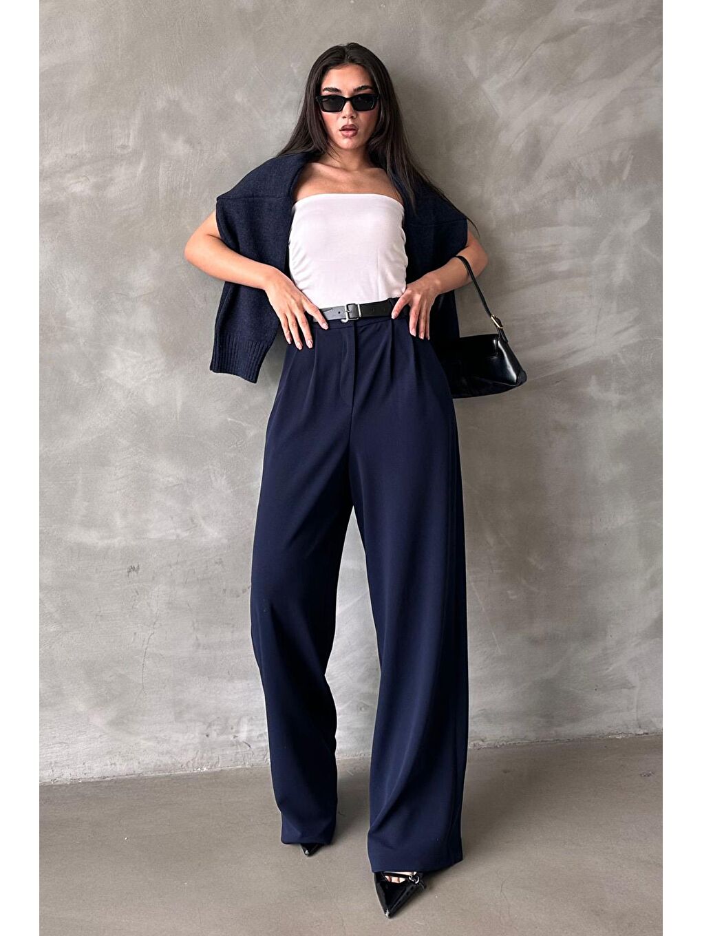 Lacivert Çift Pileli Kemerli Pantolon Mg2330-3