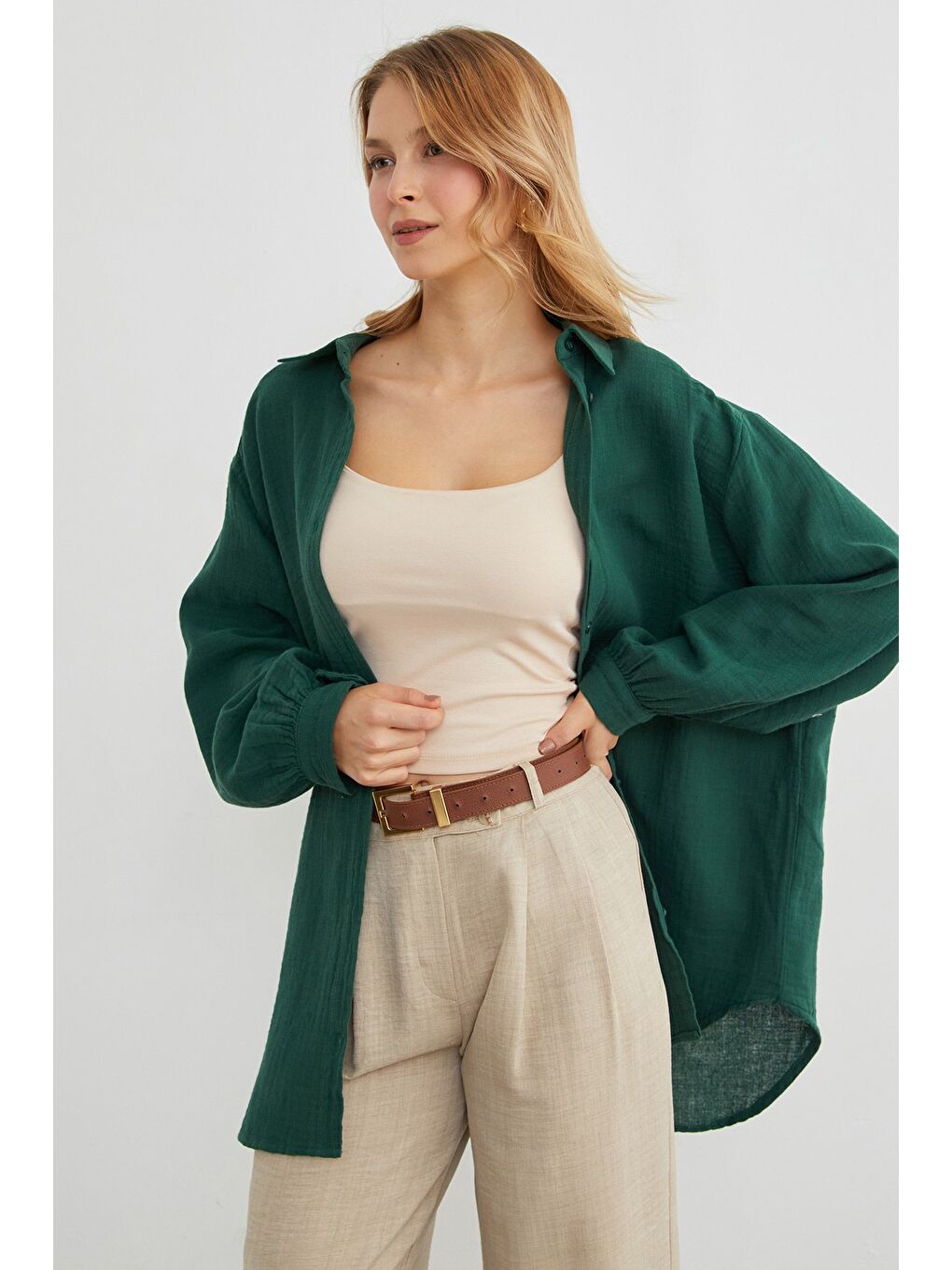 Yeşil Basic Oversize Gömlek-3