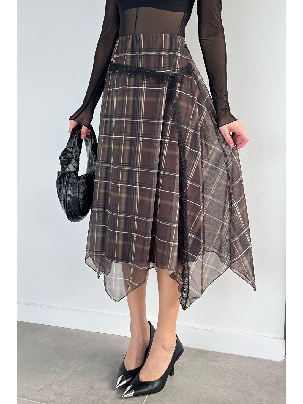 Haki Kadın Bel Lastikli Ekose Desenli Güpür Detaylı Asimetrik Etek-1