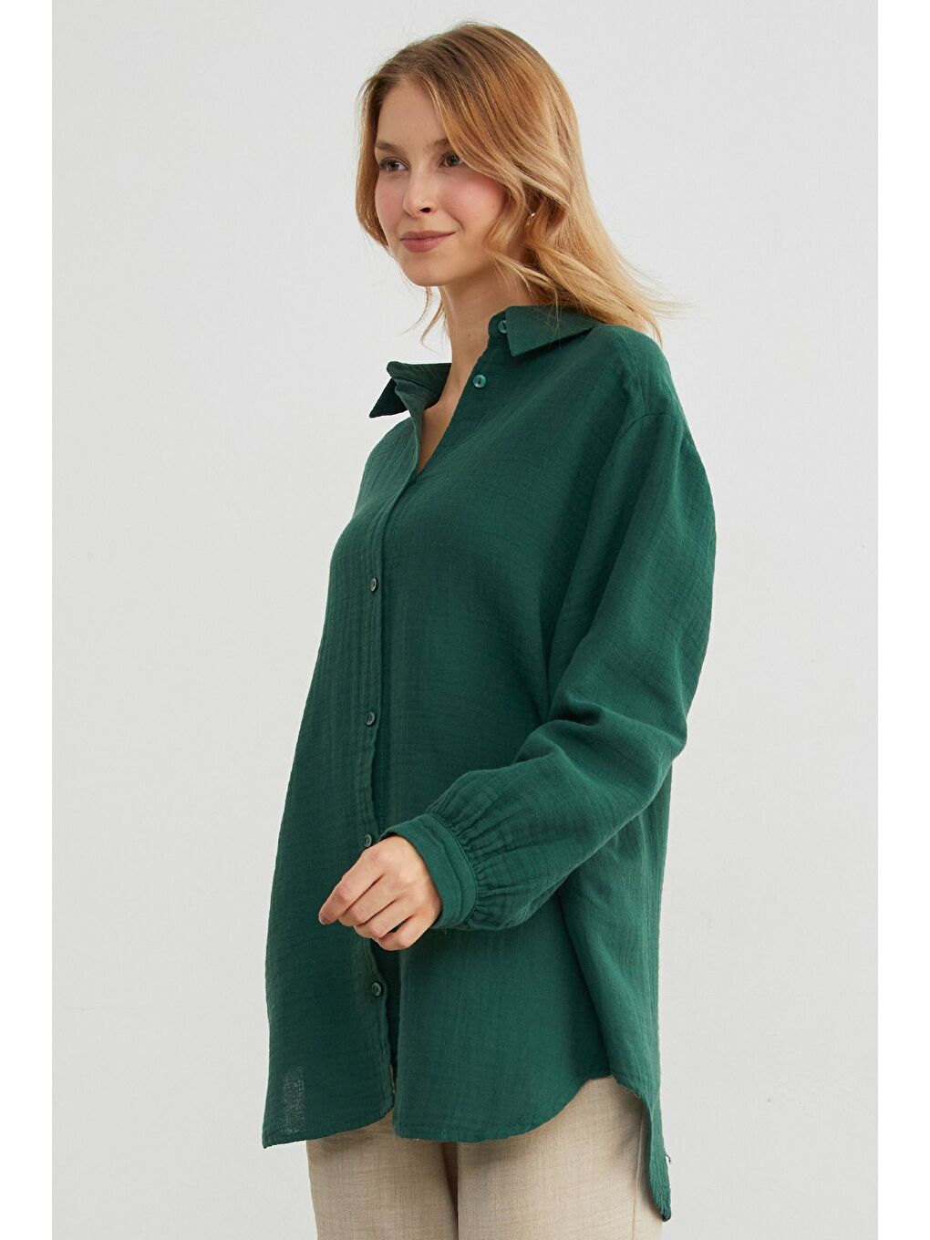 Yeşil Basic Oversize Gömlek-4