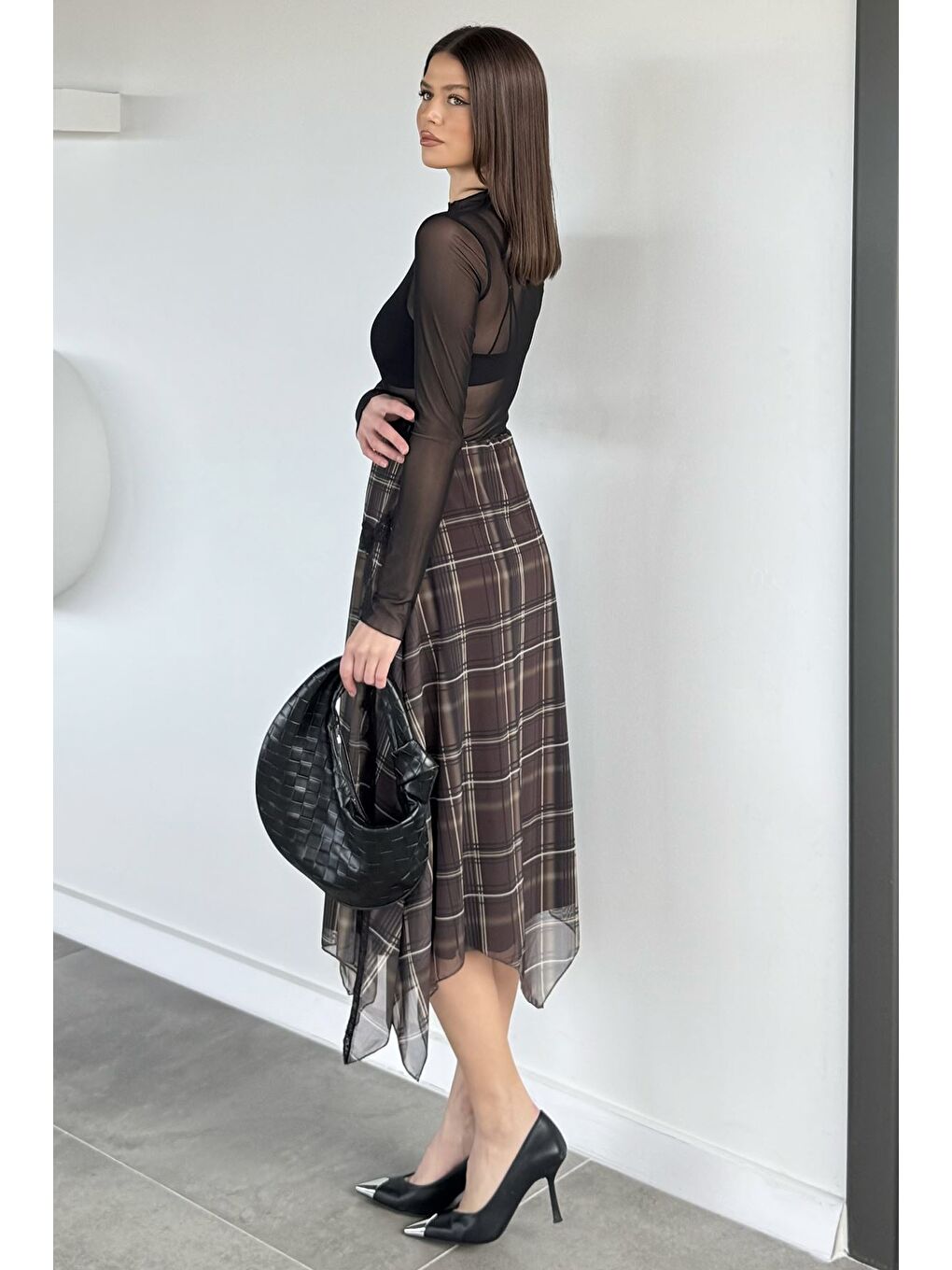 Haki Kadın Bel Lastikli Ekose Desenli Güpür Detaylı Asimetrik Etek-3