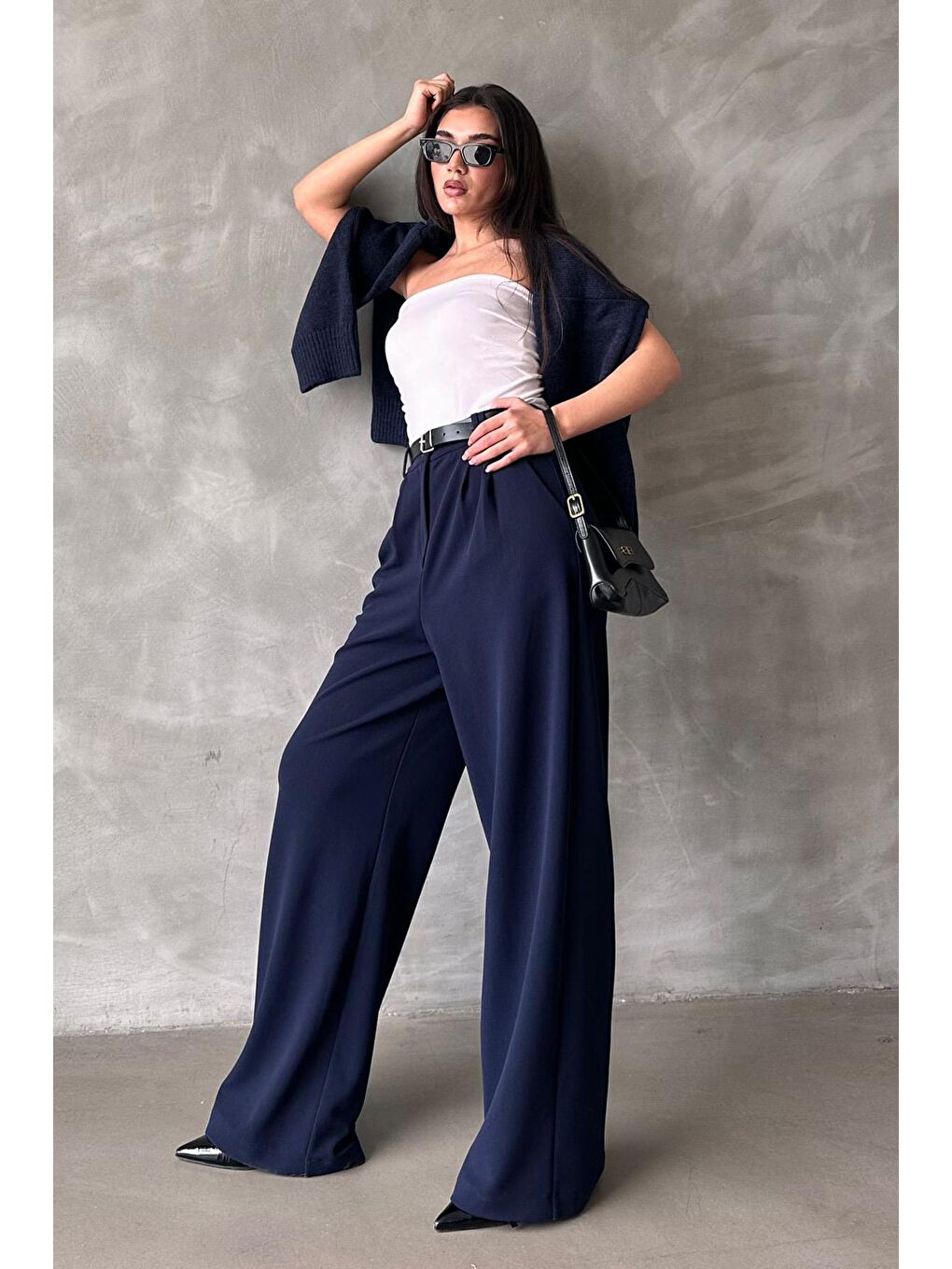 Lacivert Çift Pileli Kemerli Pantolon Mg2330-5