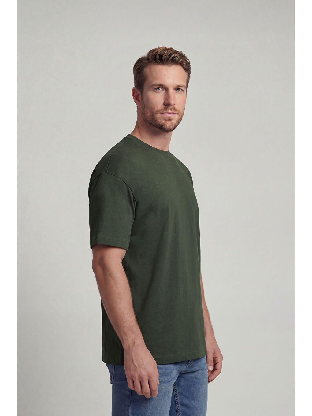 %100 Organik Pamuk Düz Oversize Haki Erkek Tişört-1