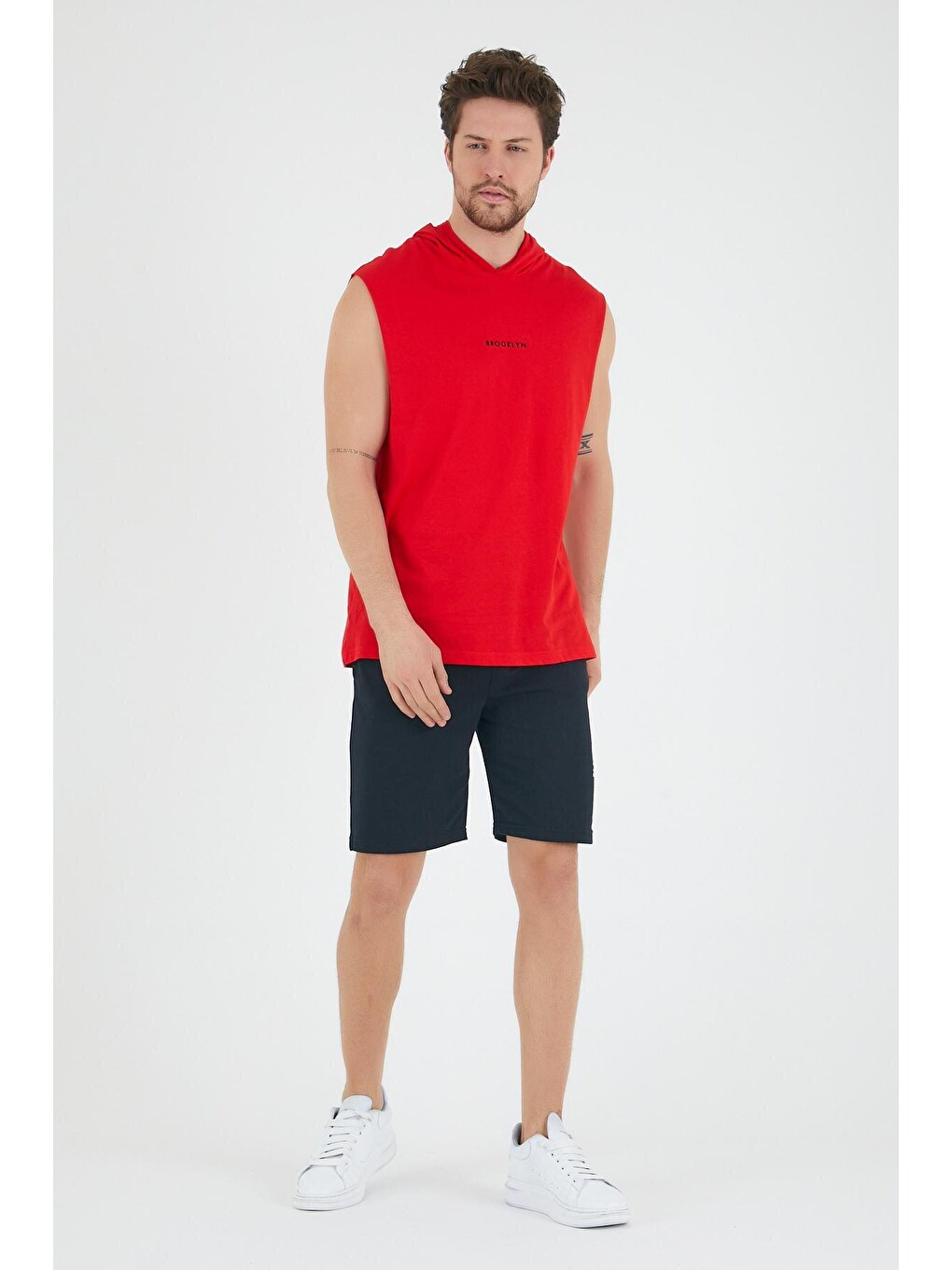 Kırmızı Erkek Kapüşonlu Regular Fit Brooklyn Baskılı Kolsuz Tişört Spr22ts121-3