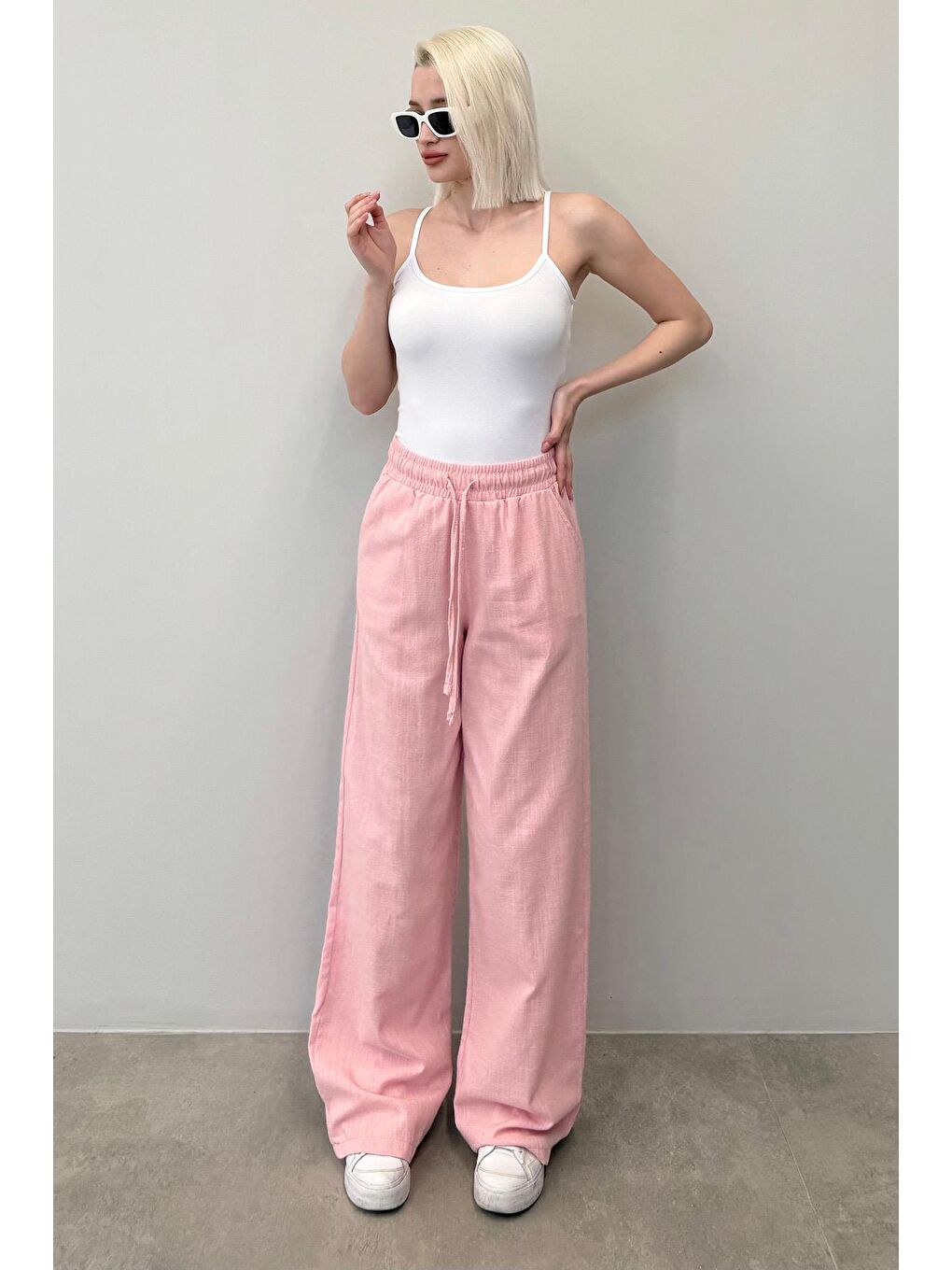 Pembe Beli Büzgülü Bol Paça Kadın Pantolon Mg2011