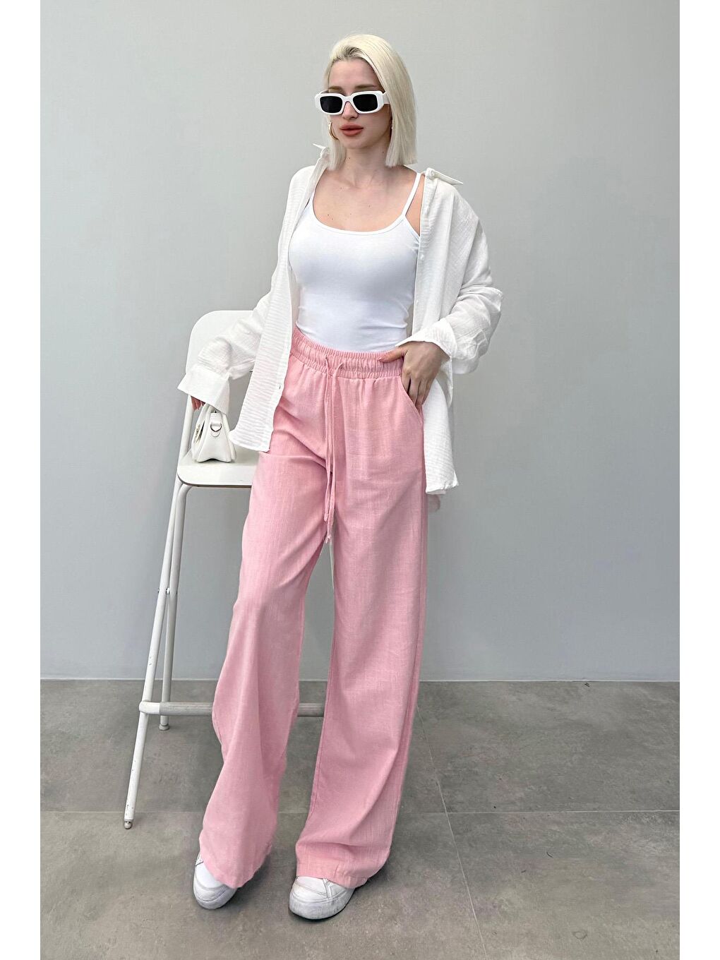 Pembe Beli Büzgülü Bol Paça Kadın Pantolon Mg2011-2