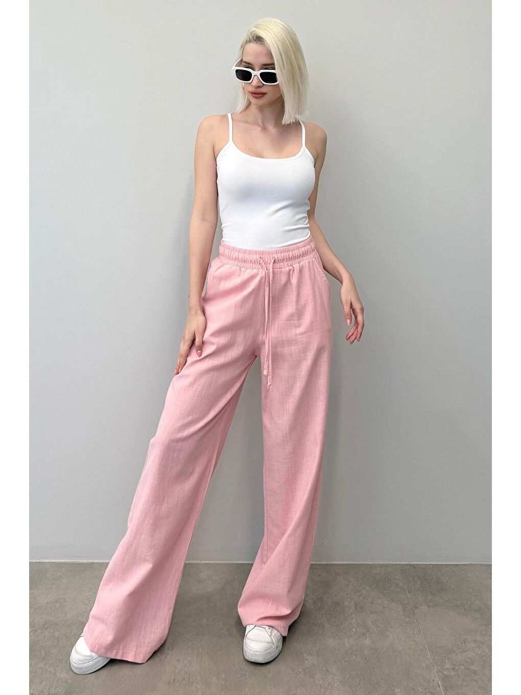 Pembe Beli Büzgülü Bol Paça Kadın Pantolon Mg2011-3