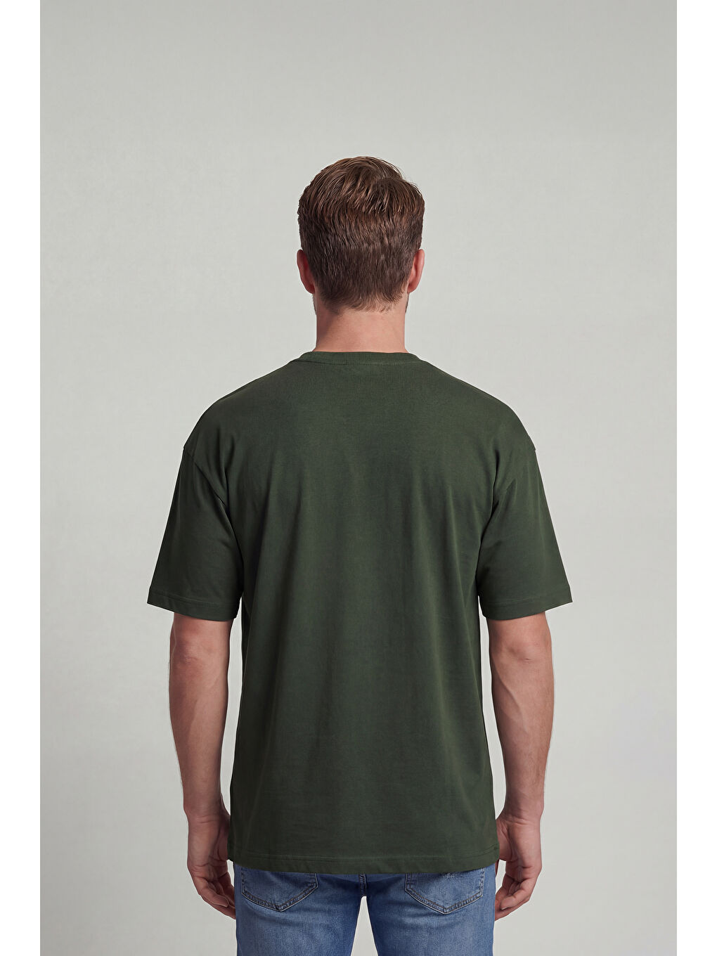 %100 Organik Pamuk Düz Oversize Haki Erkek Tişört-3