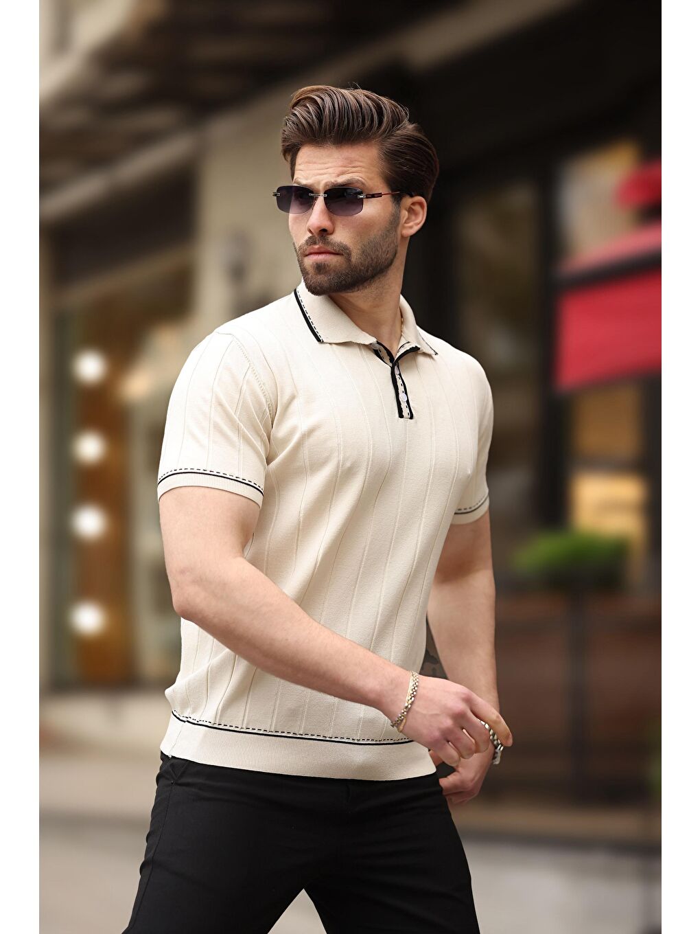 Ekru Düğmeli Polo Yaka Erkek Triko Tişört E7408-1