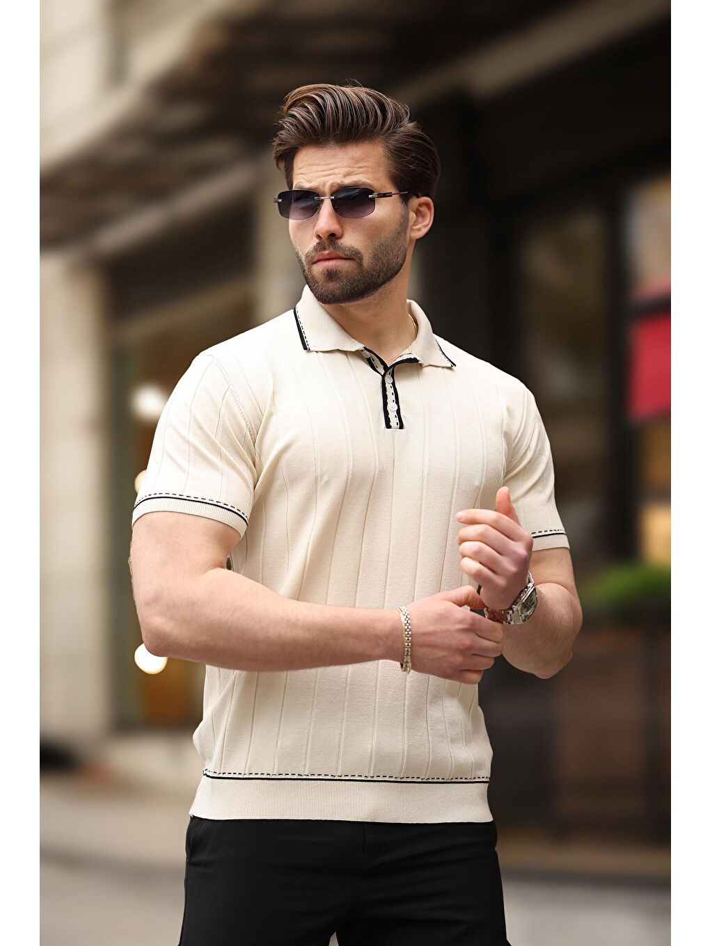 Ekru Düğmeli Polo Yaka Erkek Triko Tişört E7408-2