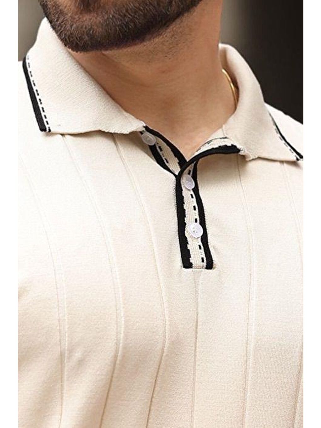 Ekru Düğmeli Polo Yaka Erkek Triko Tişört E7408-3