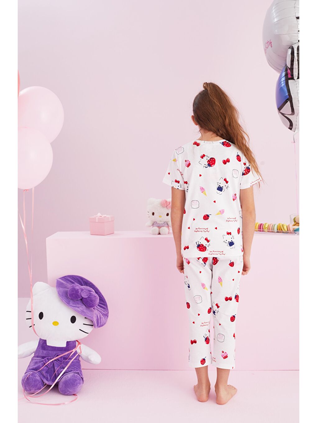 SİYAH İNCİ Beyaz Hello Kitty Lisanslı %100 Pamuk Beyaz Çok Renkli Bisklet Yaka Pijama Takım - 2