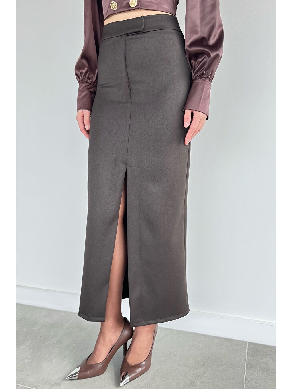 Kahverengi Kadın Önden Yırtmaçlı Kalem Etek-2