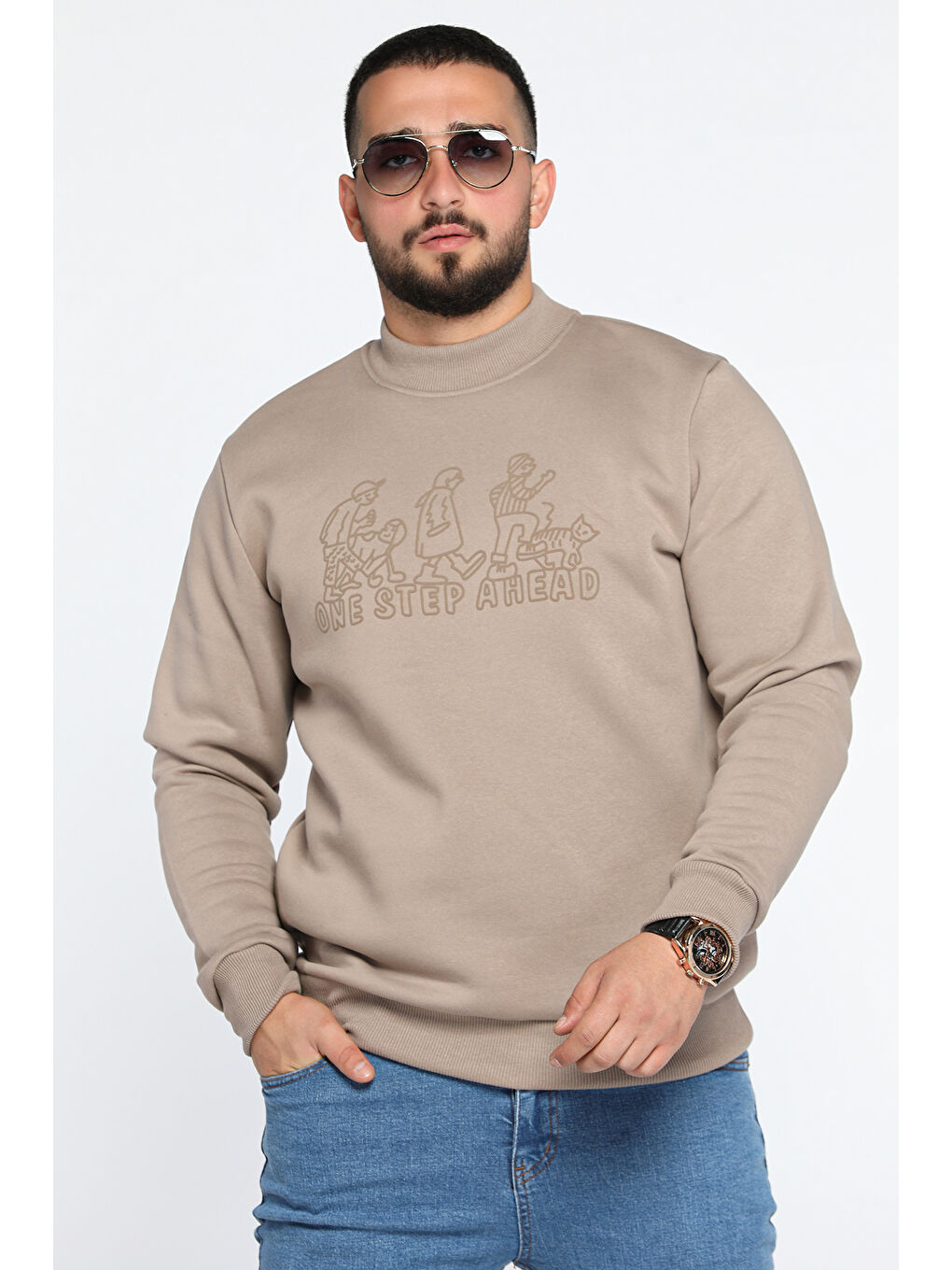 Mishar İtalia Bej Erkek Ön Baskılı Şardonlu Üç İplik Sweatshirt