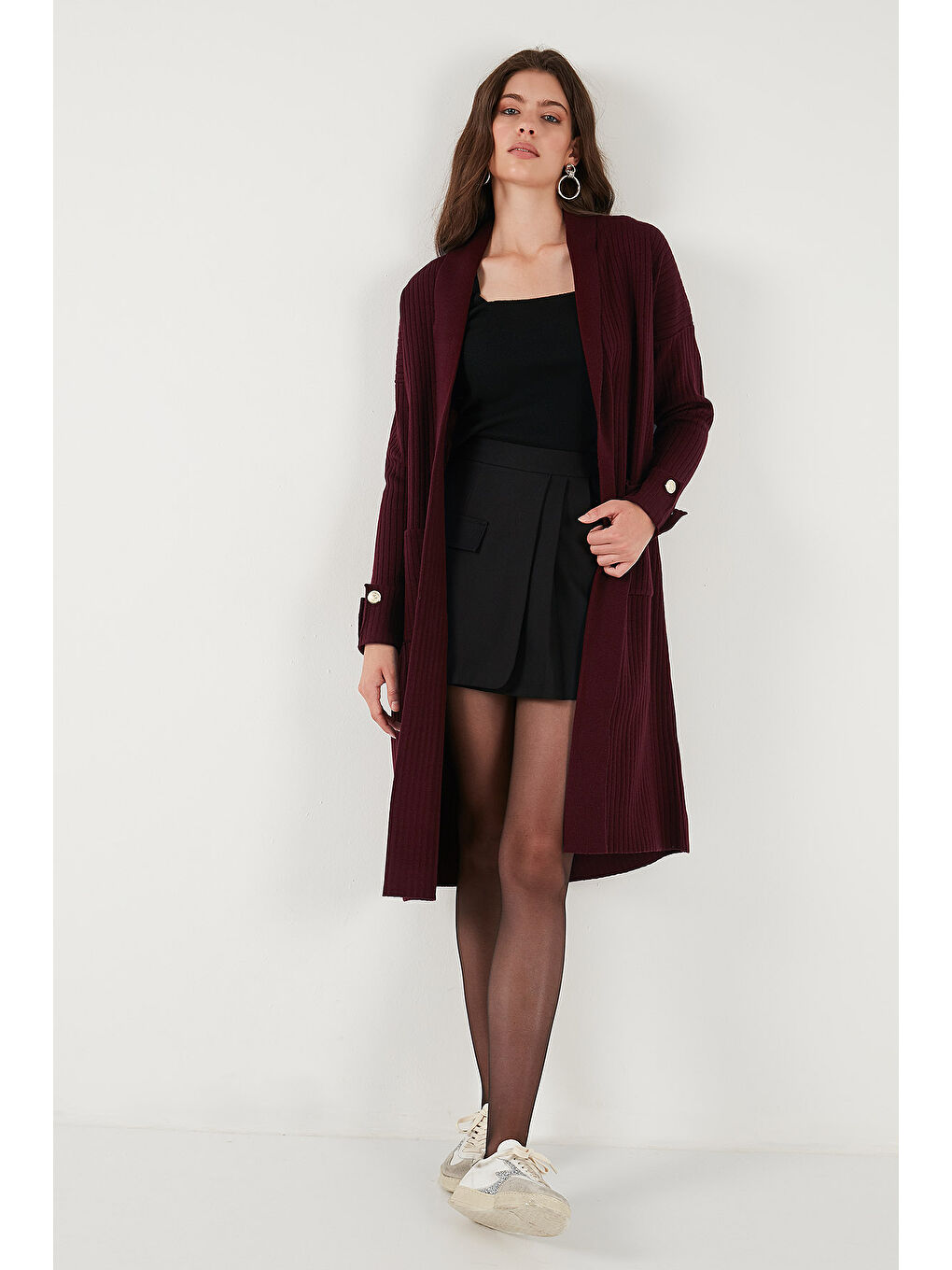 Bordo % 100 Akrilik Triko Örme Uzun Kadın Hırka 4615212-2