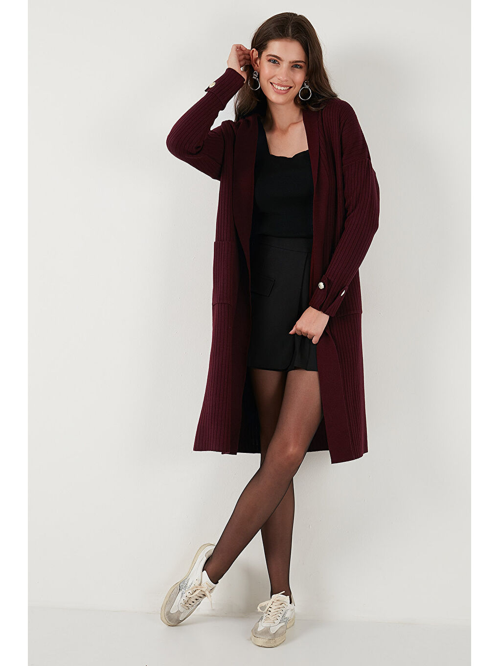 Bordo % 100 Akrilik Triko Örme Uzun Kadın Hırka 4615212-3