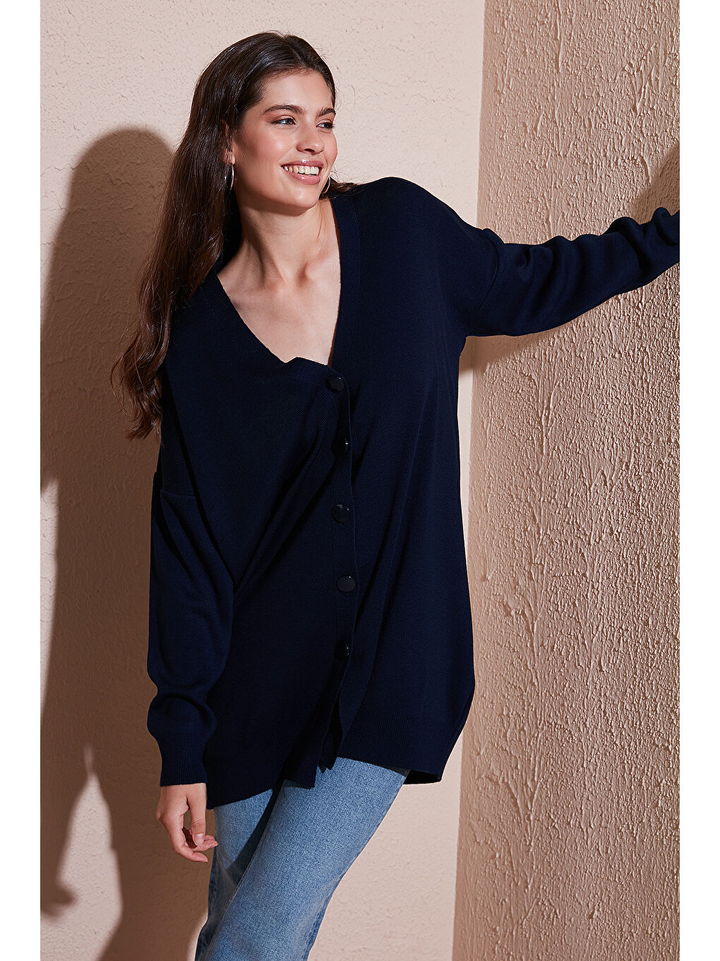 Lacivert V Yaka Düğmeli Triko Kadın Hırka 4616031