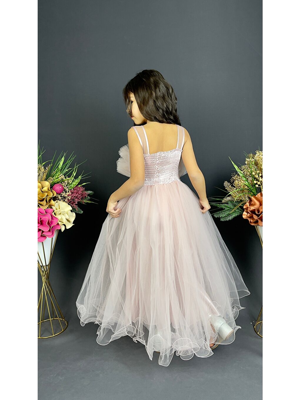 Pembe Kız Çocuk Robası Katlı Özel Abiye Elbise MNK0475-9