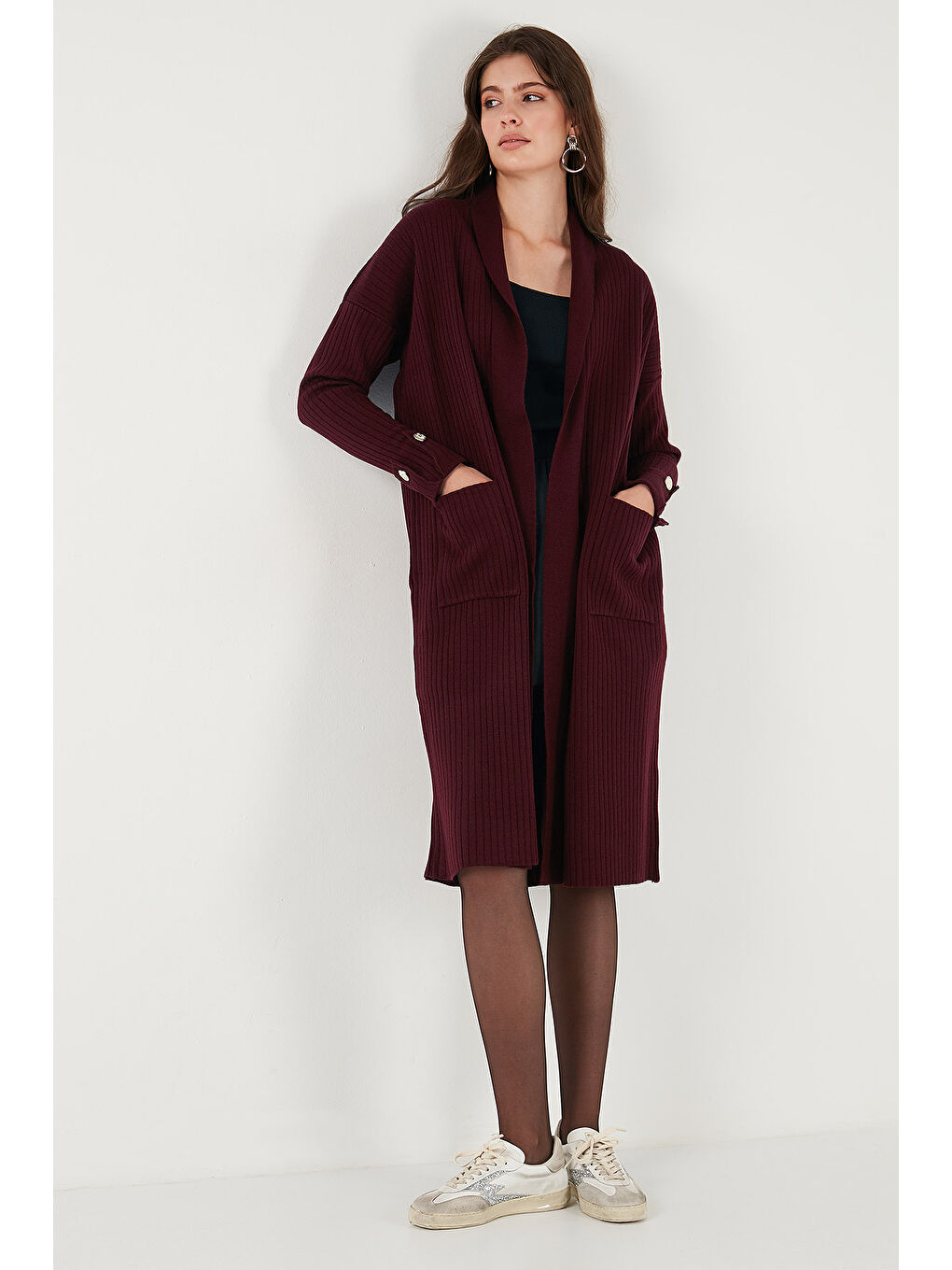 Bordo % 100 Akrilik Triko Örme Uzun Kadın Hırka 4615212-4