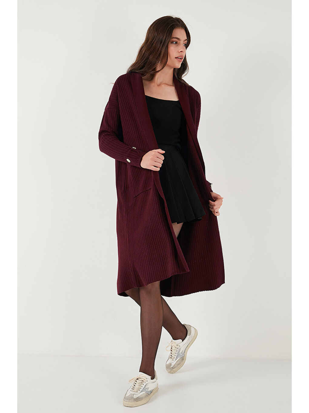Bordo % 100 Akrilik Triko Örme Uzun Kadın Hırka 4615212-5