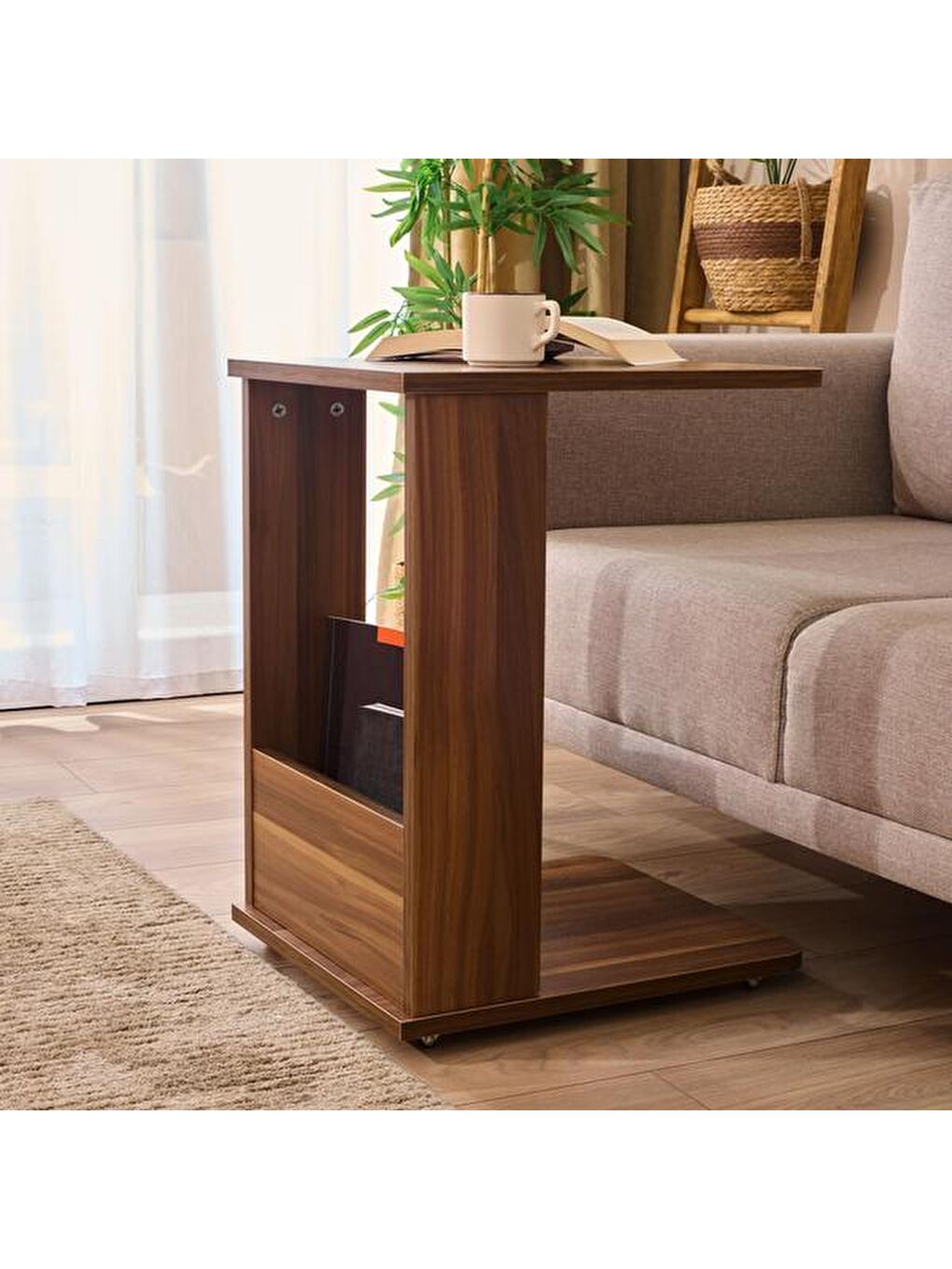 Kahverengi Sigma Tekerlekli C Sehpa - Ceviz - 60 cm-7