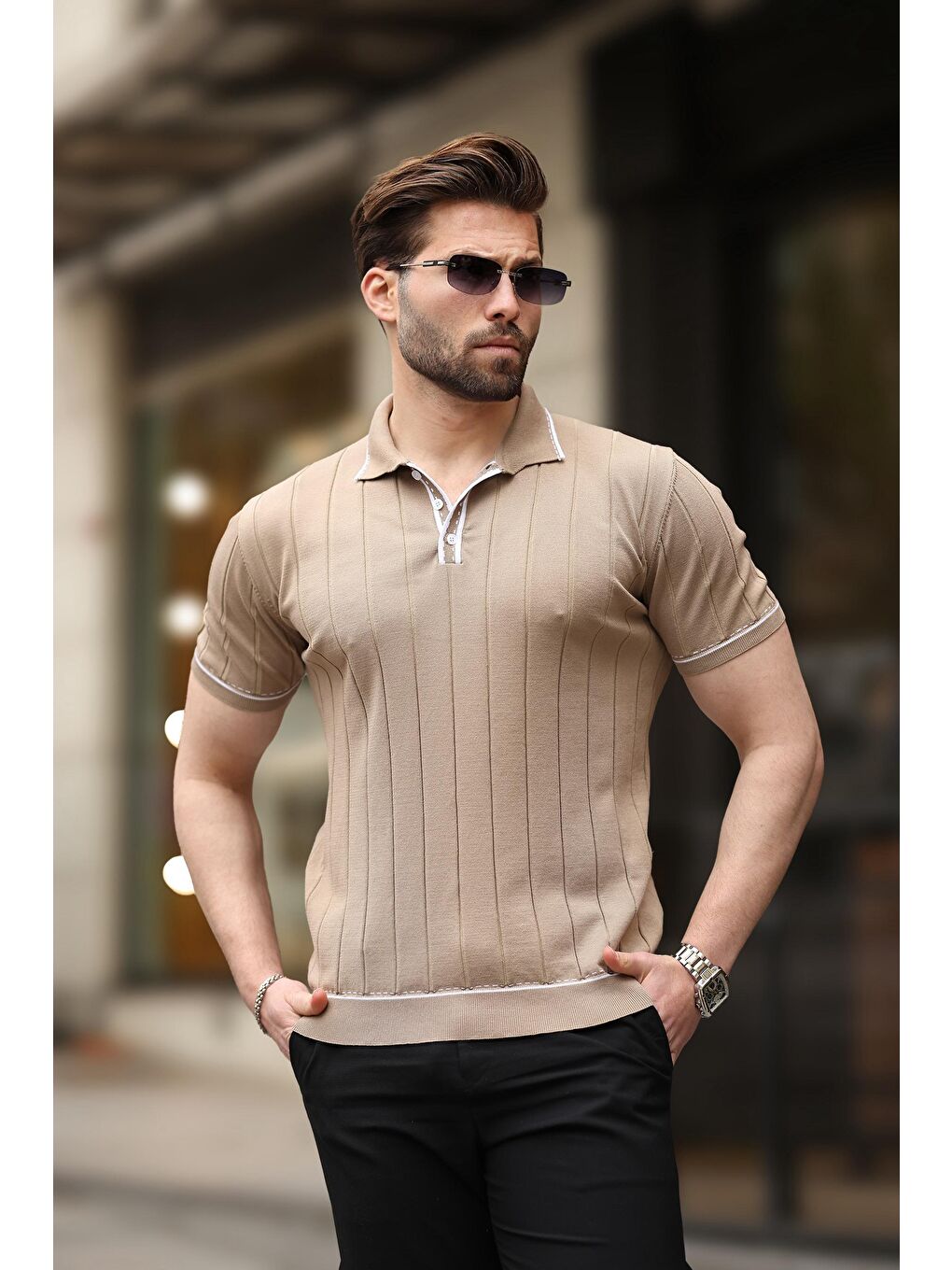 Bej Vizon Düğmeli Polo Yaka Triko Erkek Tişört E7408-1