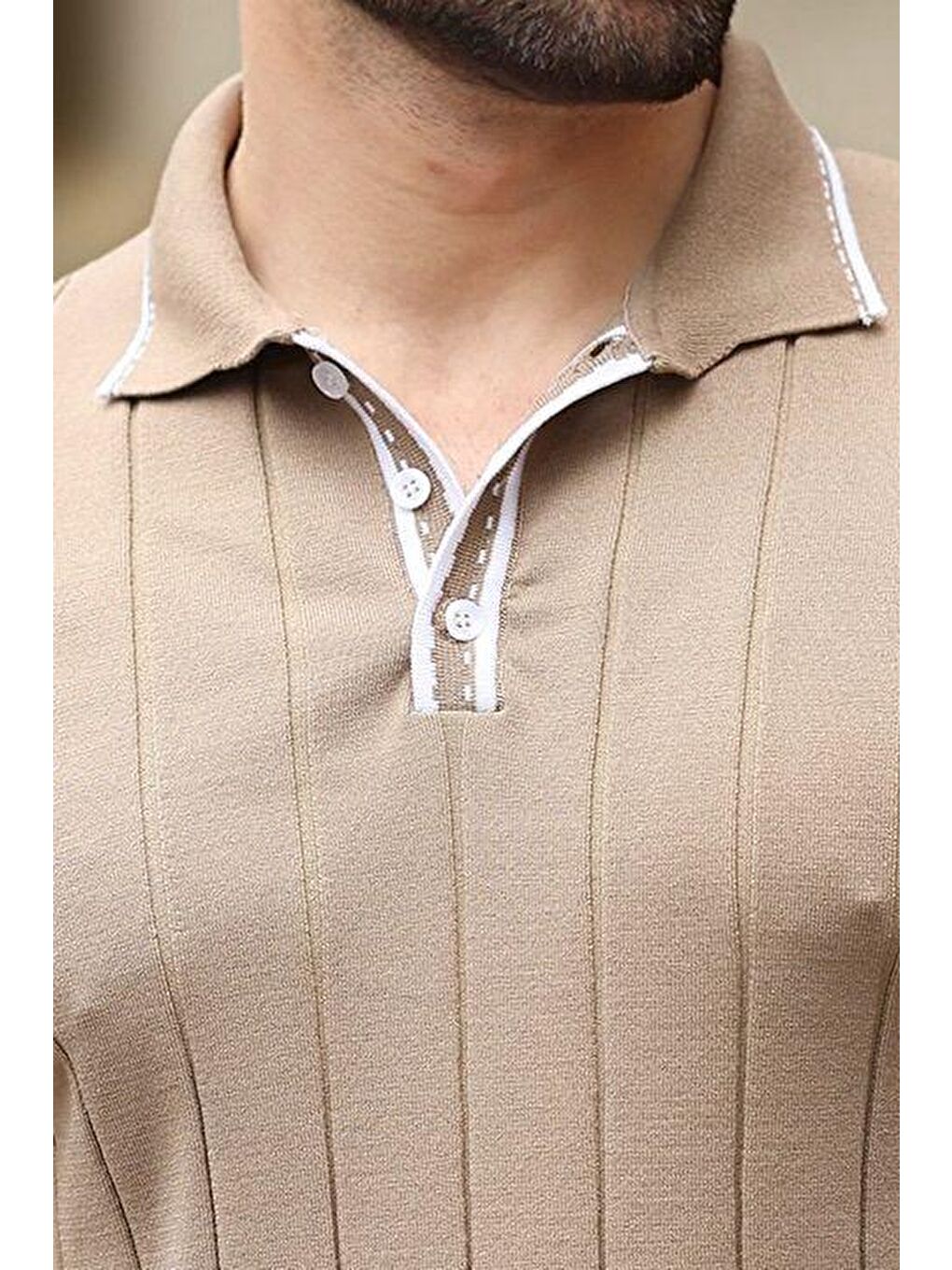 Bej Vizon Düğmeli Polo Yaka Triko Erkek Tişört E7408-2