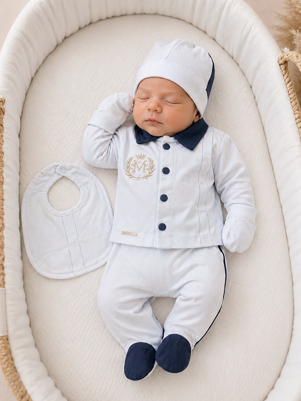 Lacivert Erkek Bebek M Harflı 5li Hastane Çıkış Seti Yenidoğan 0-3 ay 50-56cm-1