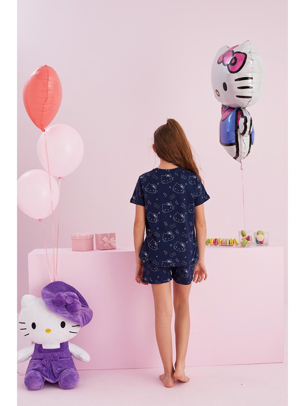 SİYAH İNCİ Lacivert Hello Kitty Lisanslı %100 Pamuk Lacivert Çok Renkli Bisklet Yaka Şort Pijama Takım - 2