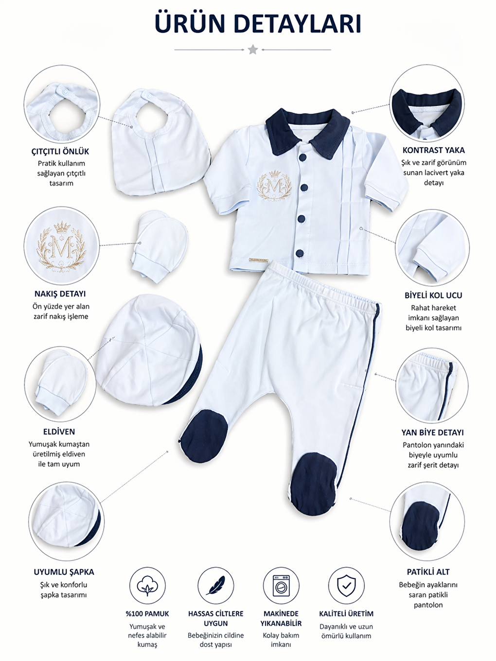 Lacivert Erkek Bebek M Harflı 5li Hastane Çıkış Seti Yenidoğan 0-3 ay 50-56cm-3