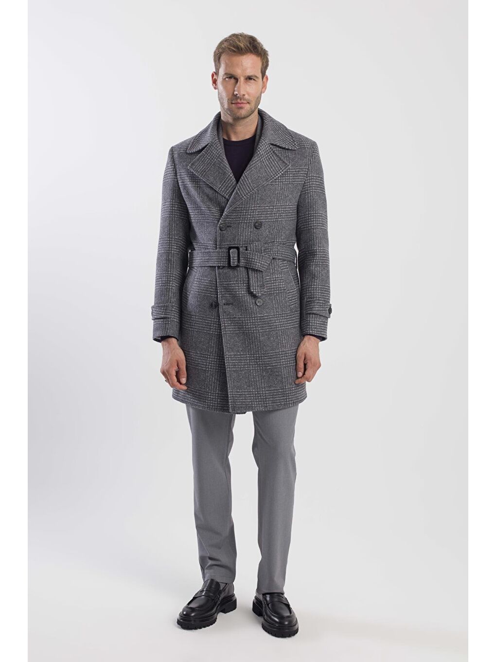 Gri Slim Fit Gemici Yaka Ekoseli Yünlü Kaban