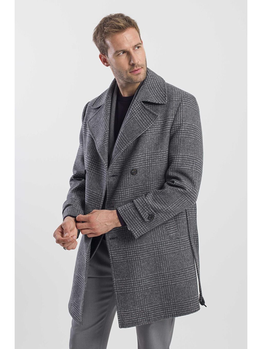 Gri Slim Fit Gemici Yaka Ekoseli Yünlü Kaban-1