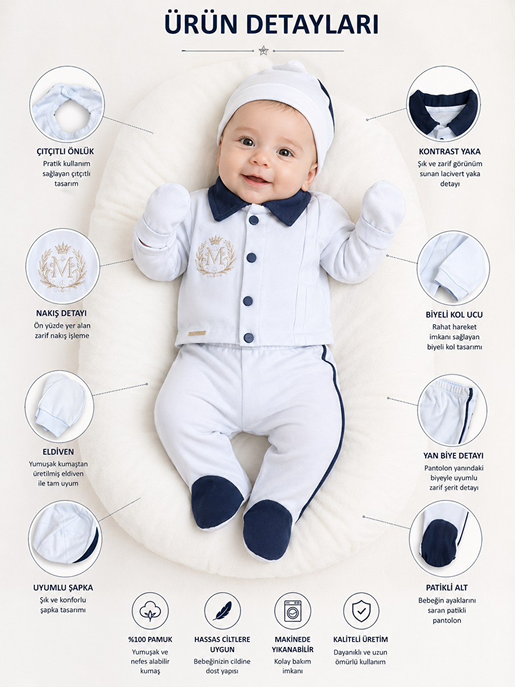 Lacivert Erkek Bebek M Harflı 5li Hastane Çıkış Seti Yenidoğan 0-3 ay 50-56cm-4