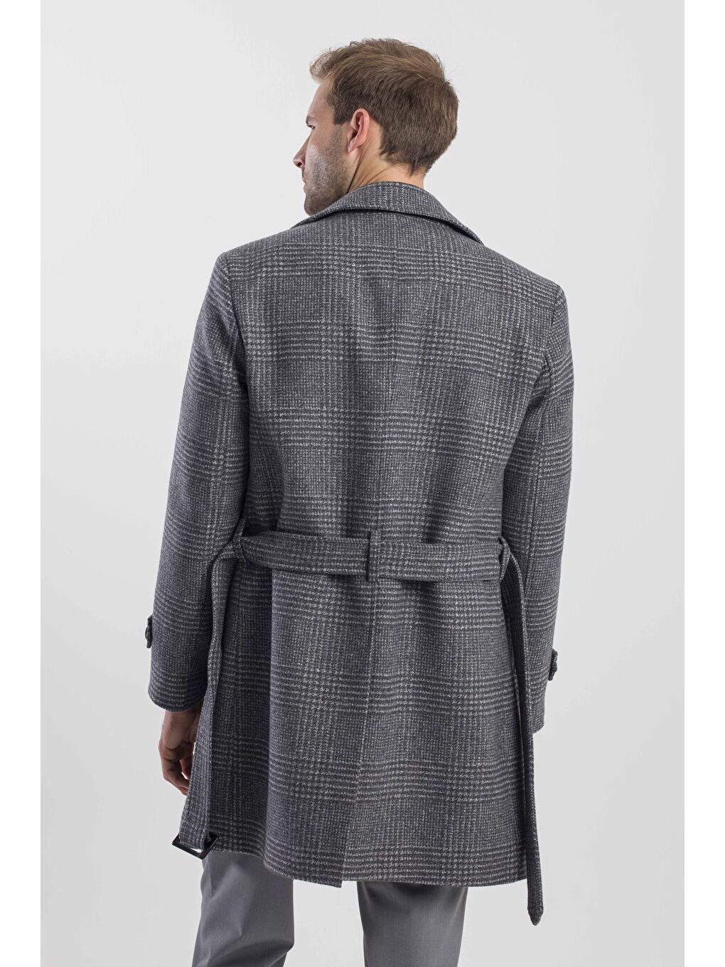 Gri Slim Fit Gemici Yaka Ekoseli Yünlü Kaban-3