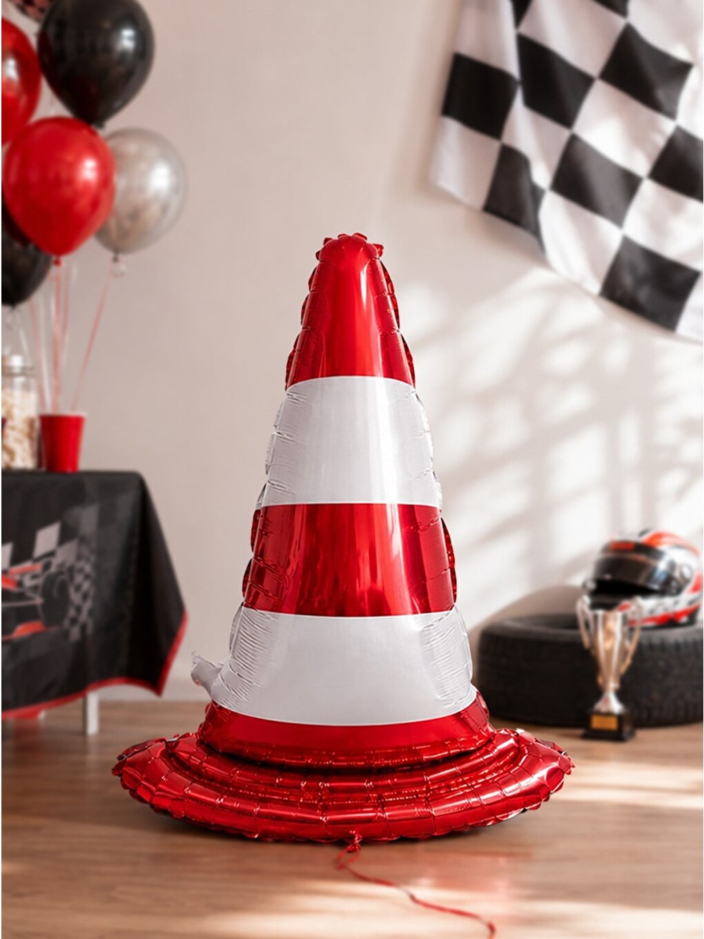 Kırmızı Trafik Konisi Şekilli Folyo Balon – Yarış Temalı Parti Süsü 86 cm