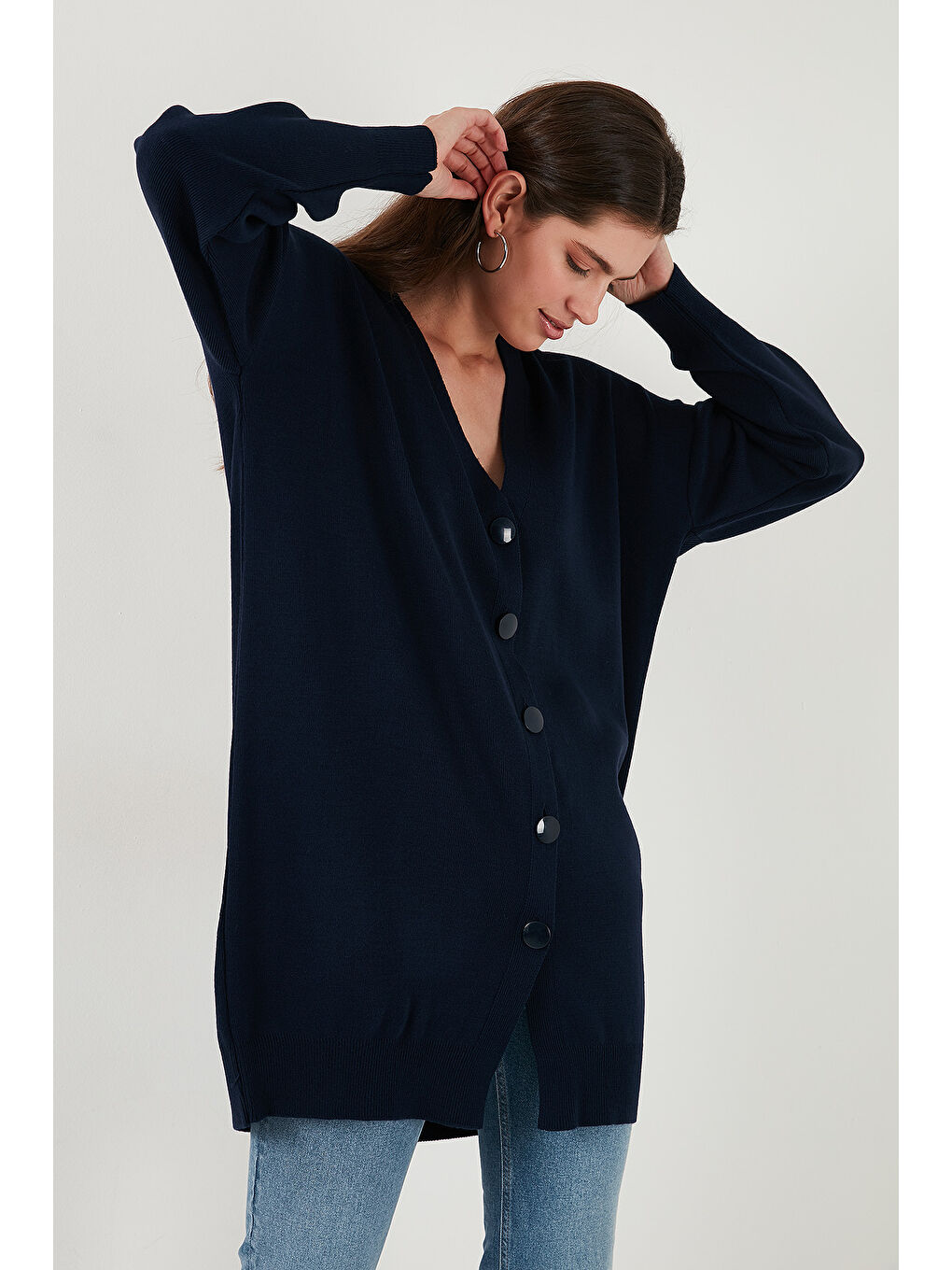 Lacivert V Yaka Düğmeli Triko Kadın Hırka 4616031-4