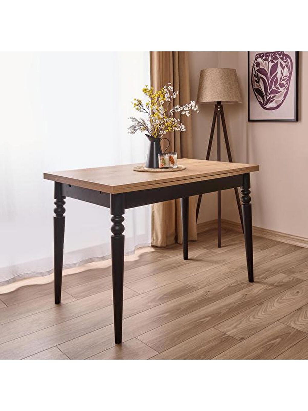 Kahverengi Yandan Açılır Lake Ayaklı Masa - Safir Meşe / Siyah - 110 cm